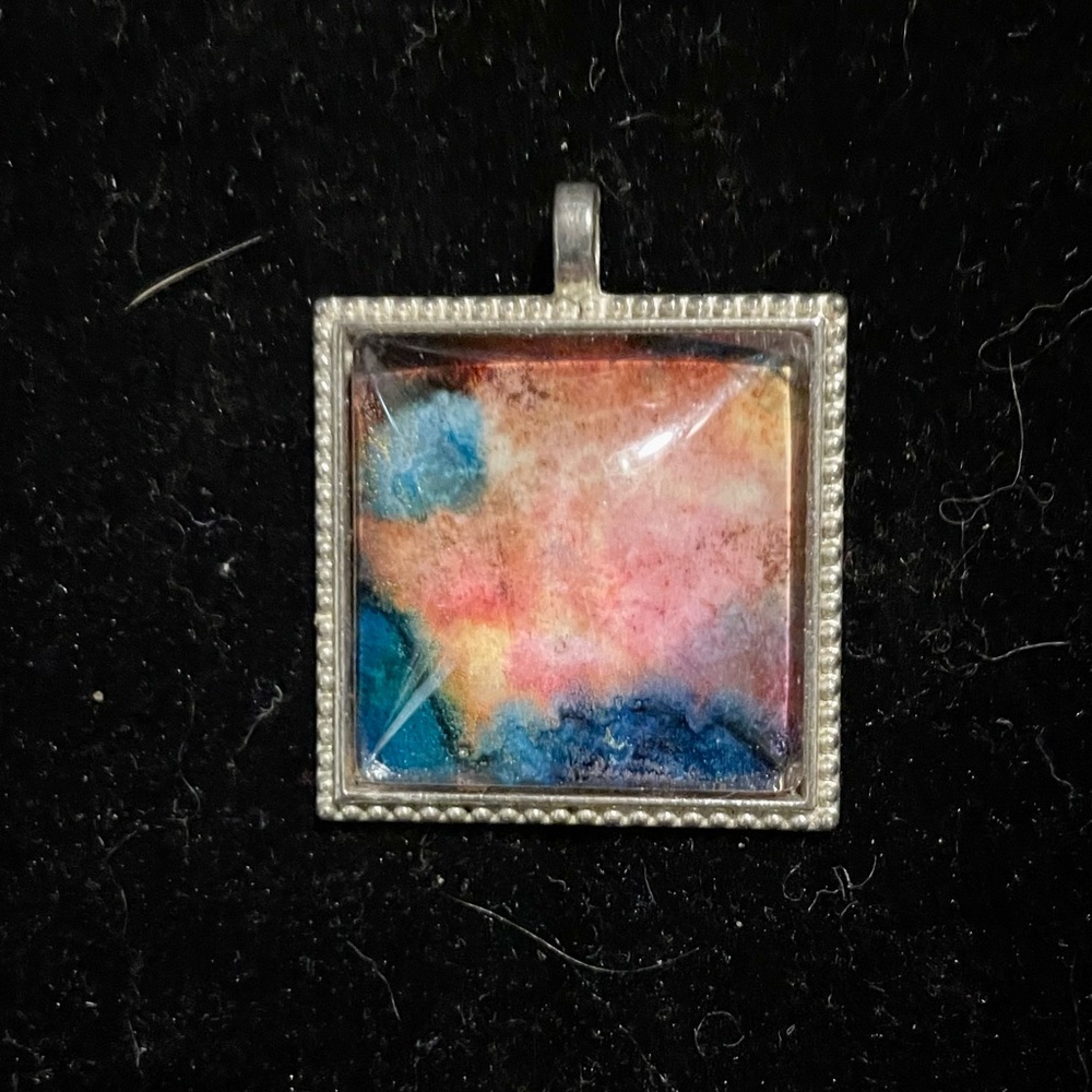 Handmade Alcohol Ink Art Pendant in Silvertone Setting Under Domed Glass